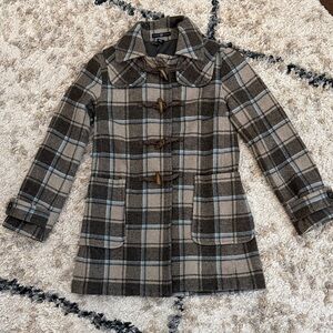 GAP Brown, Tan, and Light Blue Plaid Women's Wool Pea Coat with Toggle Closures